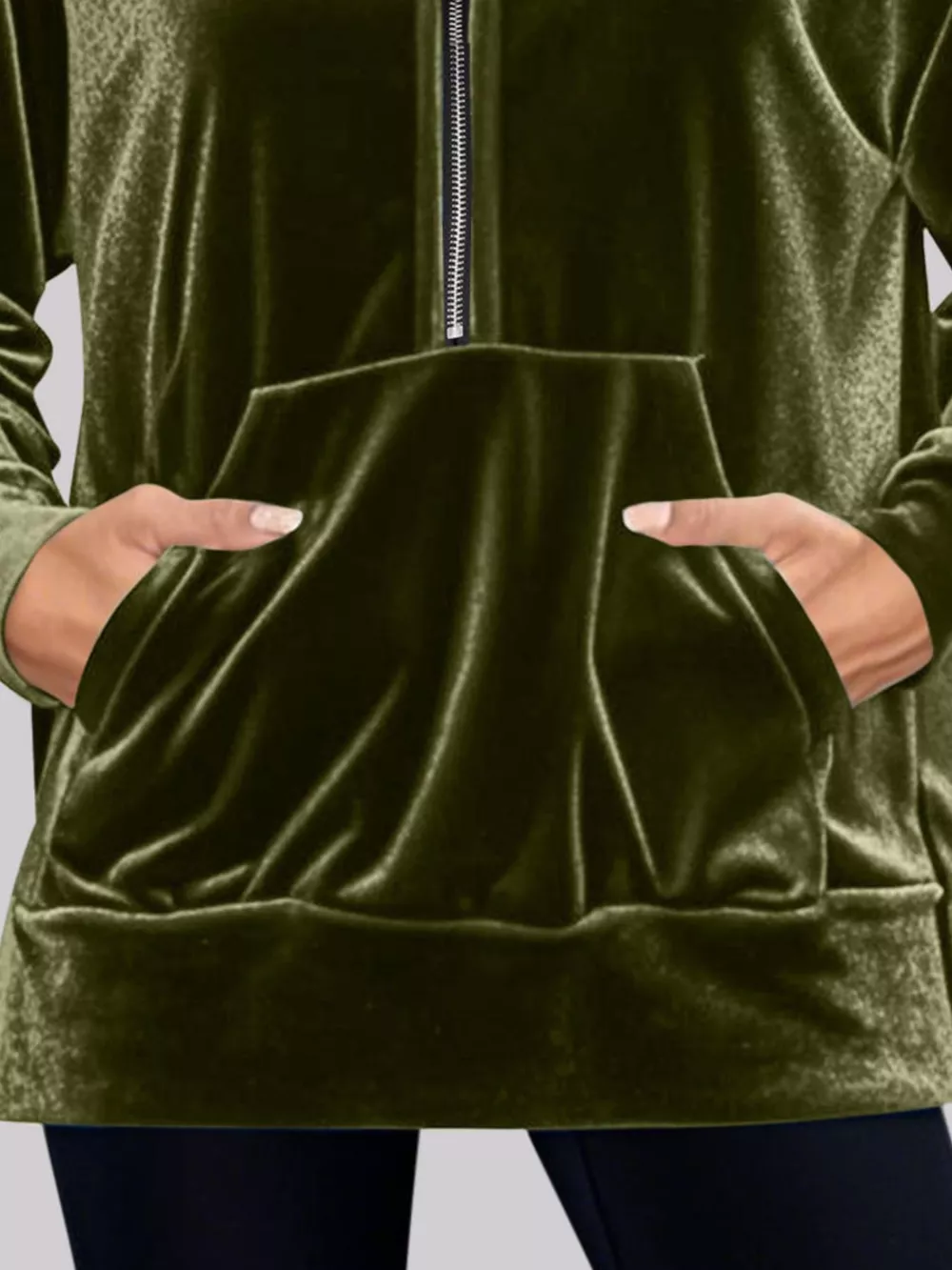 Full Size Velvet Half Zip Hoodie with Kangaroo Pocket Plus Size, image 5