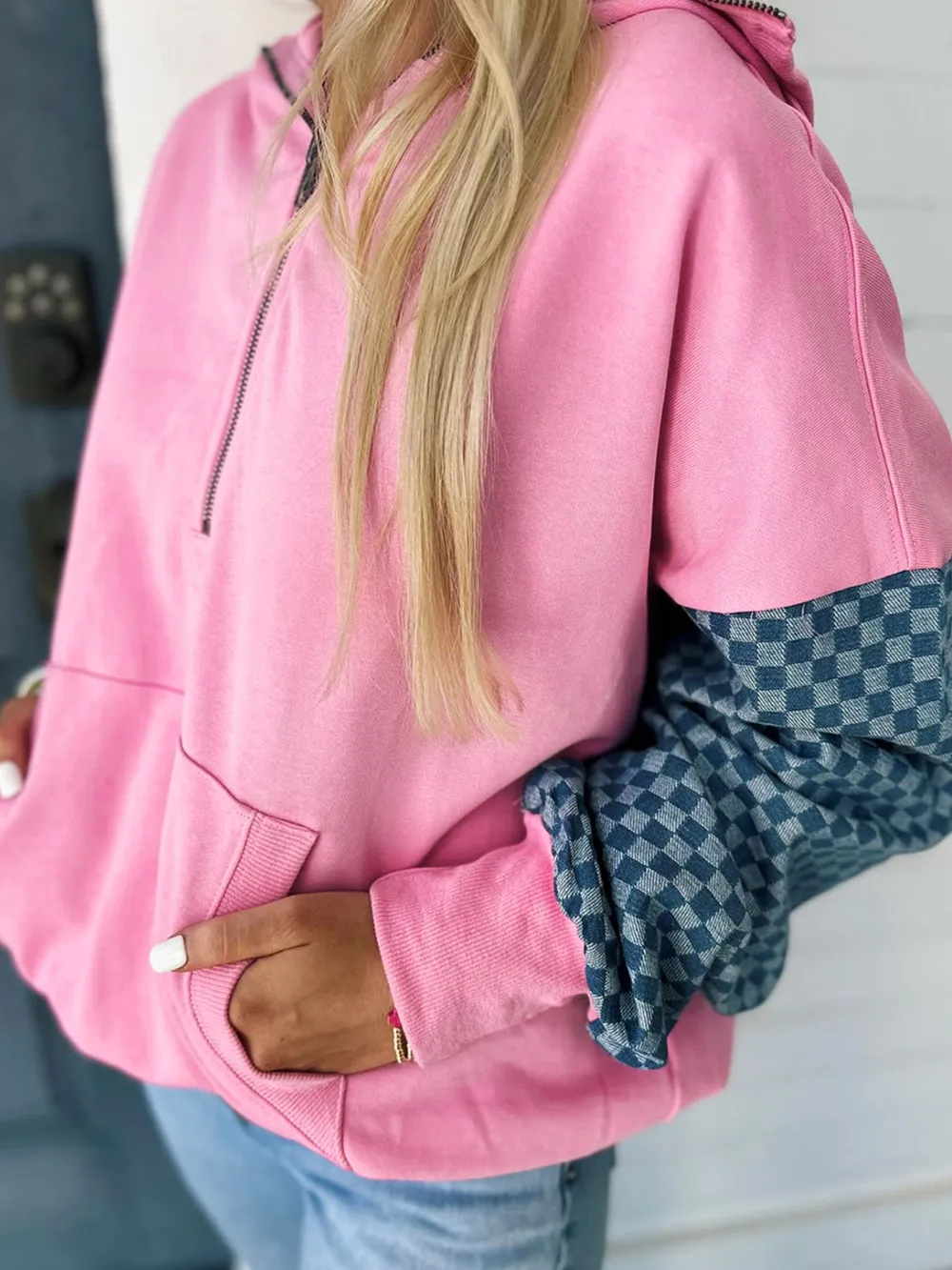 Half Zip Checkered Sleeve Hoodie, image 3