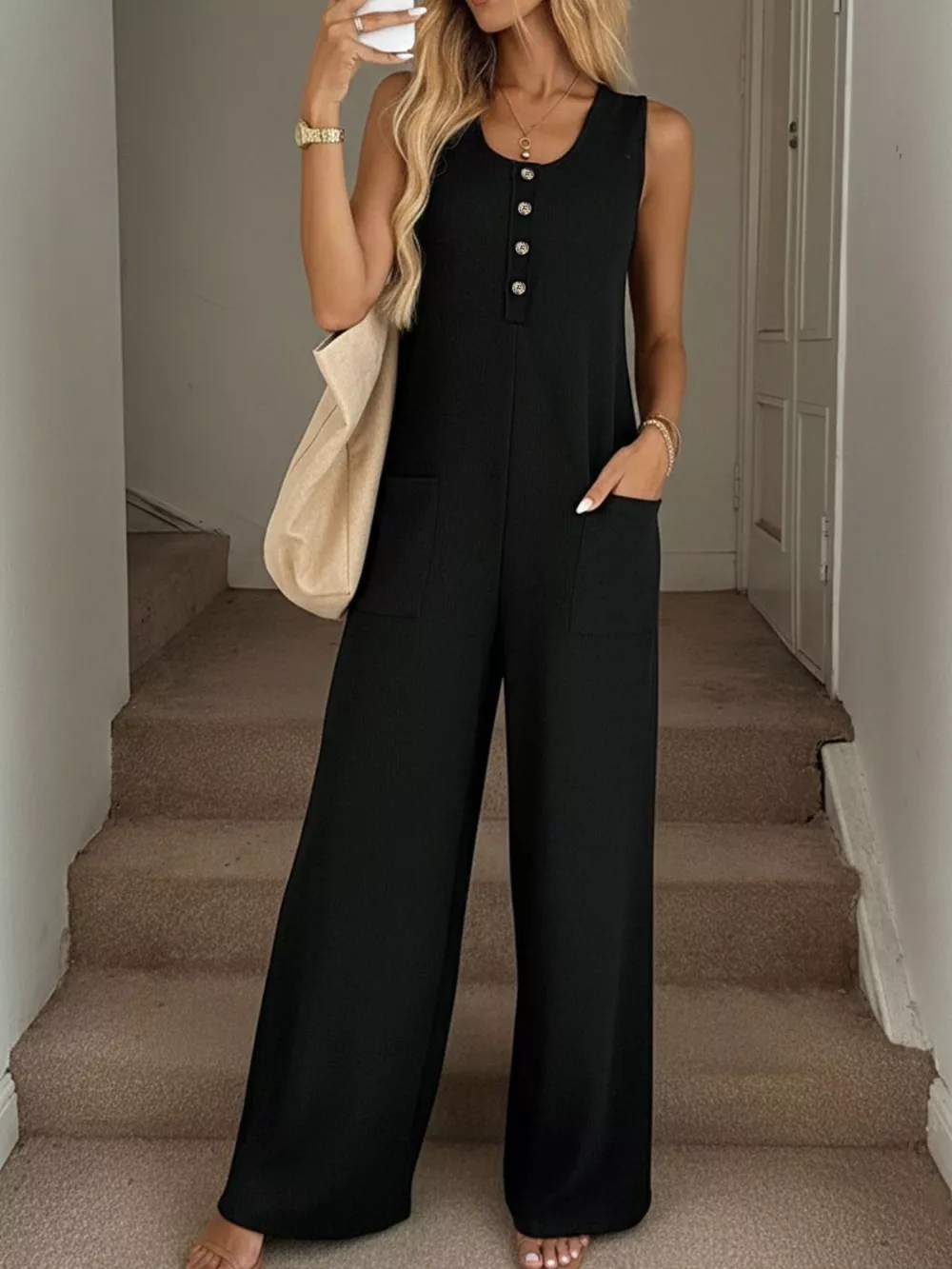 Sleeveless Button-Front Wide Leg Jumpsuit, image 4