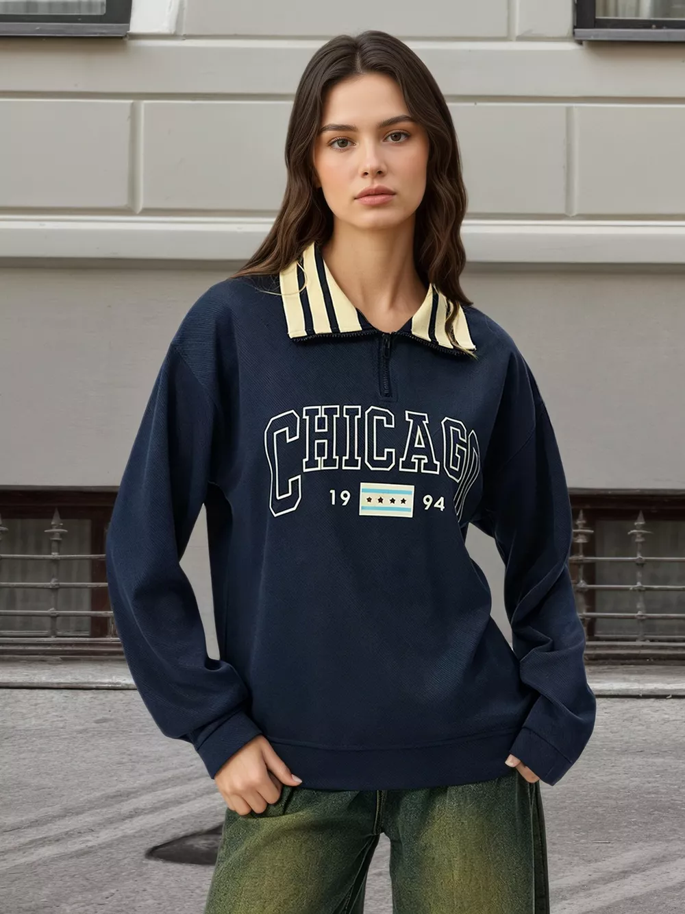 Striped Collar Letter Graphic Sweatshirt, image 2