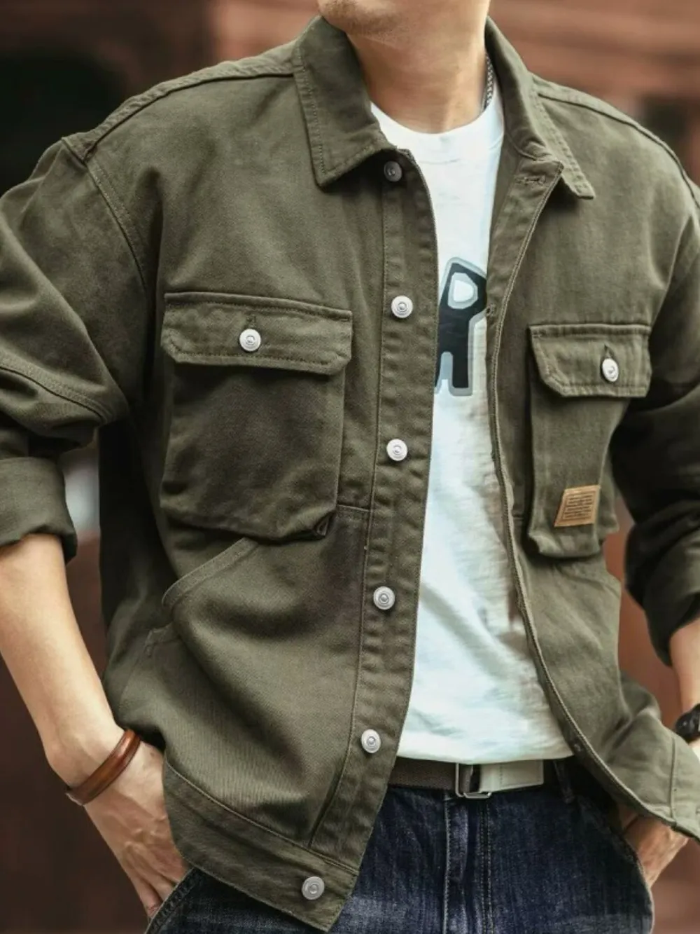 Men's Washed Collared Neck Cargo Jacket, image 5