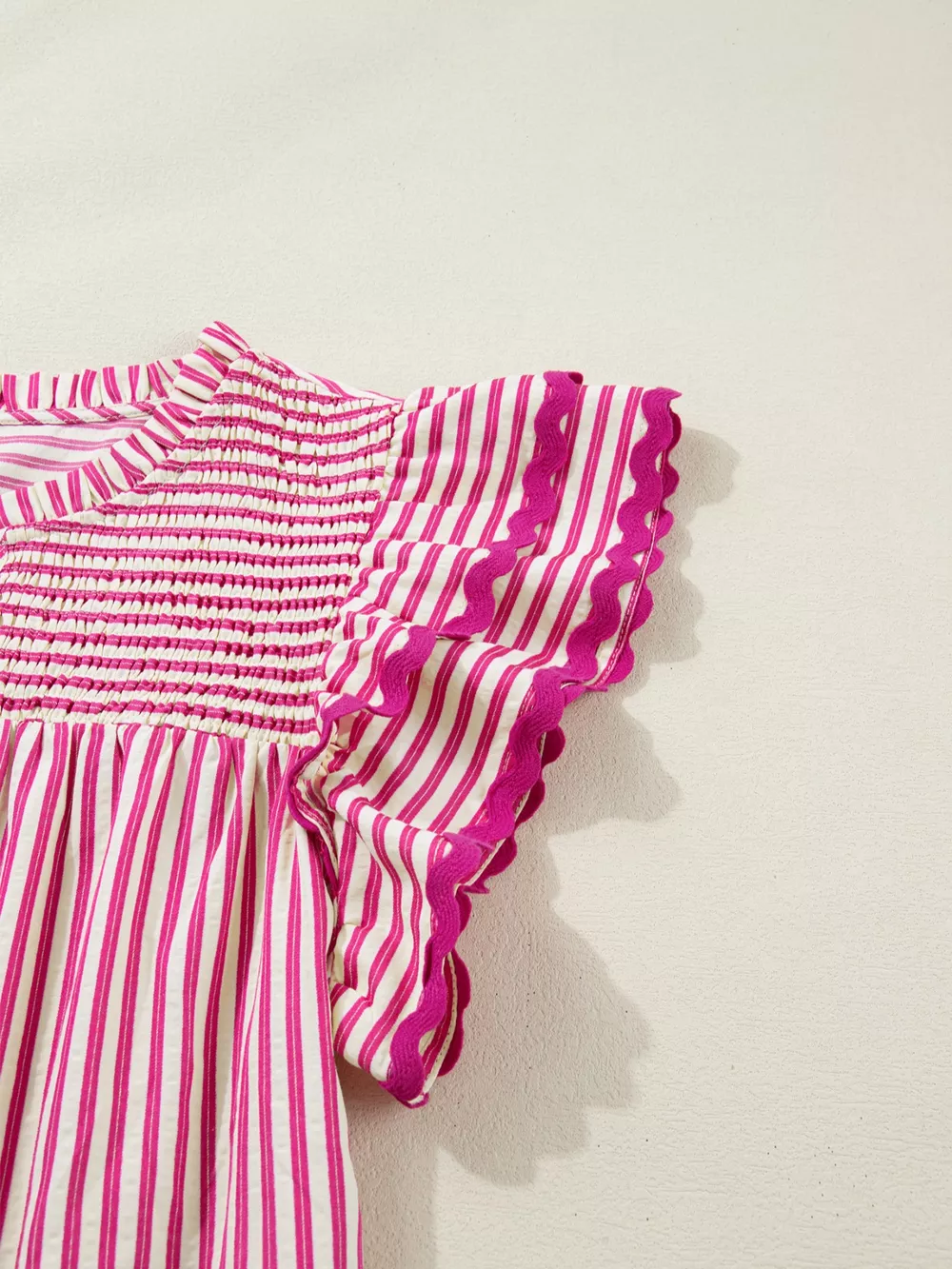 Stripe Shirred Yoke Ruffled Short Sleeve Blouse, image 11