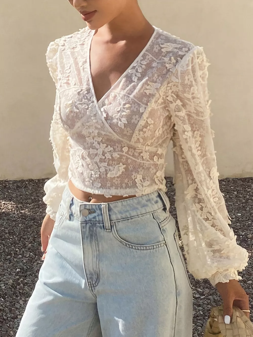 Lace Sheer Long Sleeve Wrap Blouse, image 2
