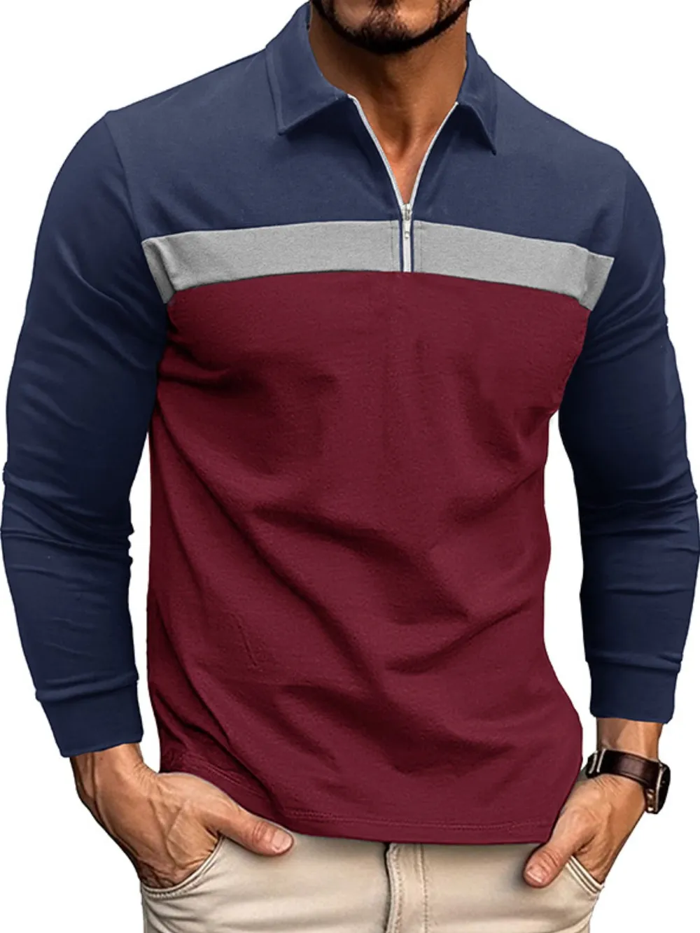 Men's Color Block Long Sleeve Polo Shirt