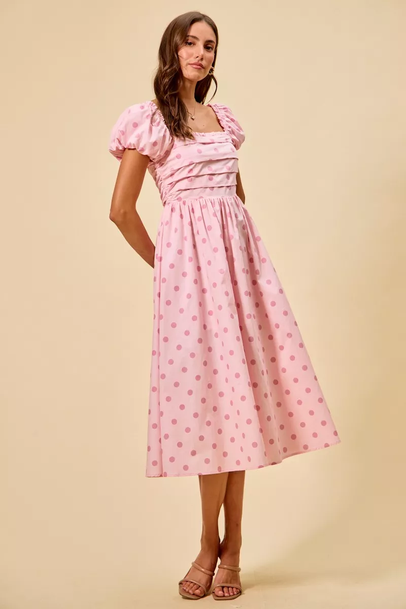 Polka Cotton Print Short Sleeves Midi Dress, image 2