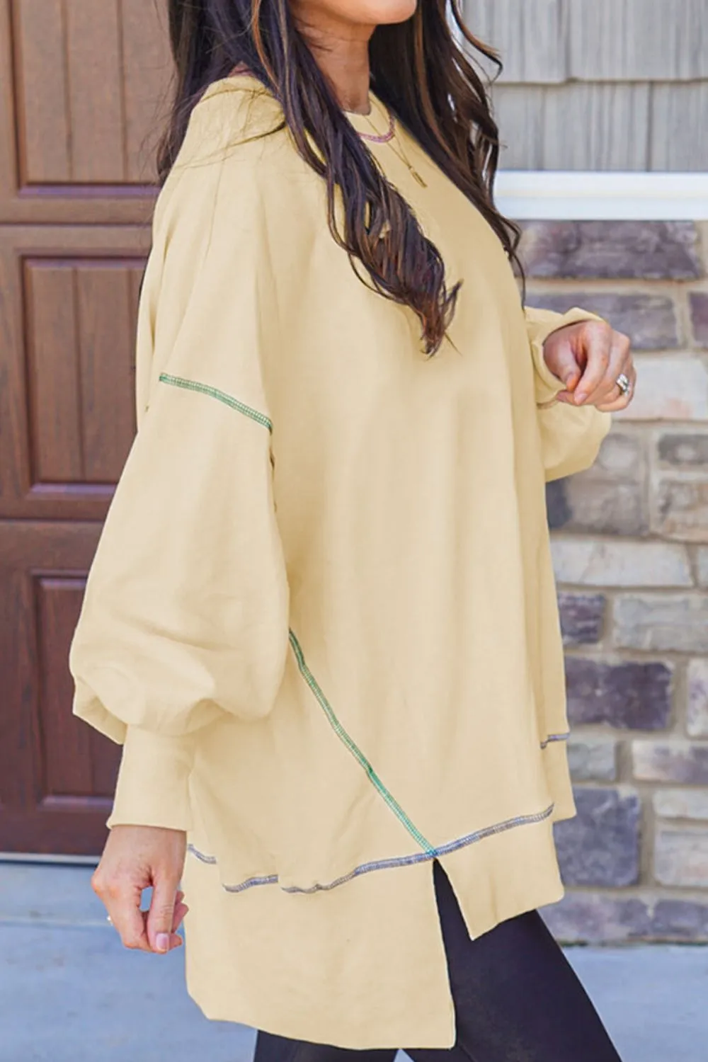 Slit Round Neck Lantern Sleeve Sweatshirt, image 4
