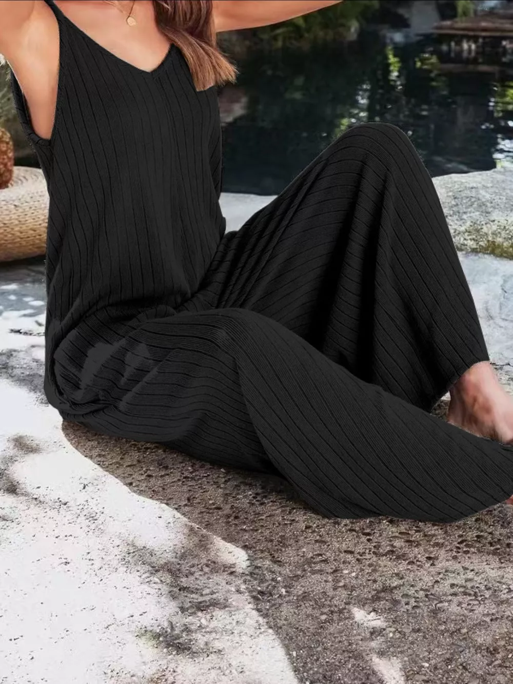 Ribbed V-Neck Wide Leg Jumpsuit, image 3