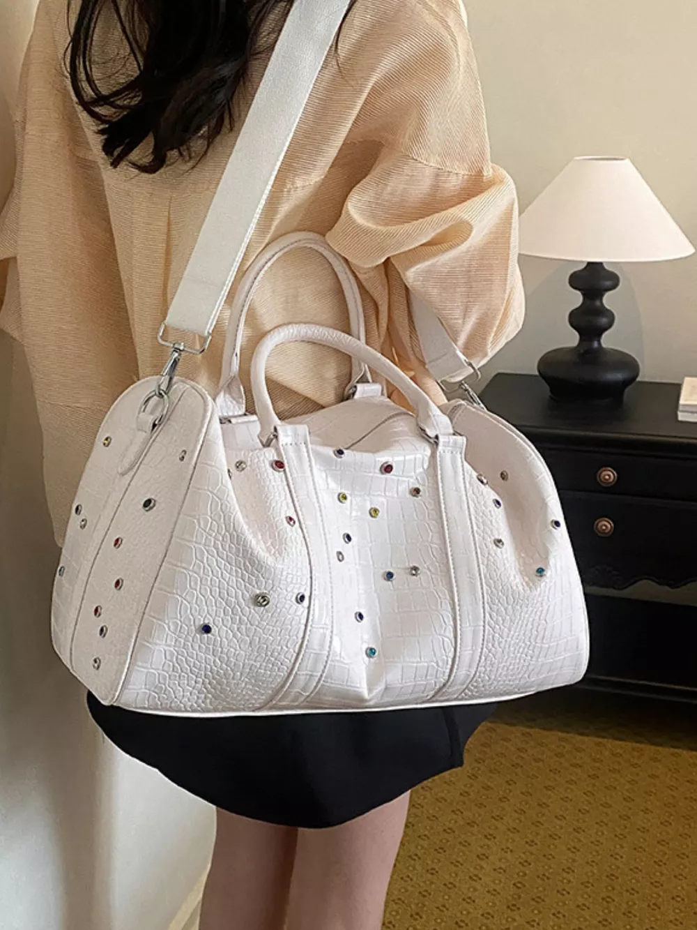 Crocodile Embossed Studded Travel Bag, image 7