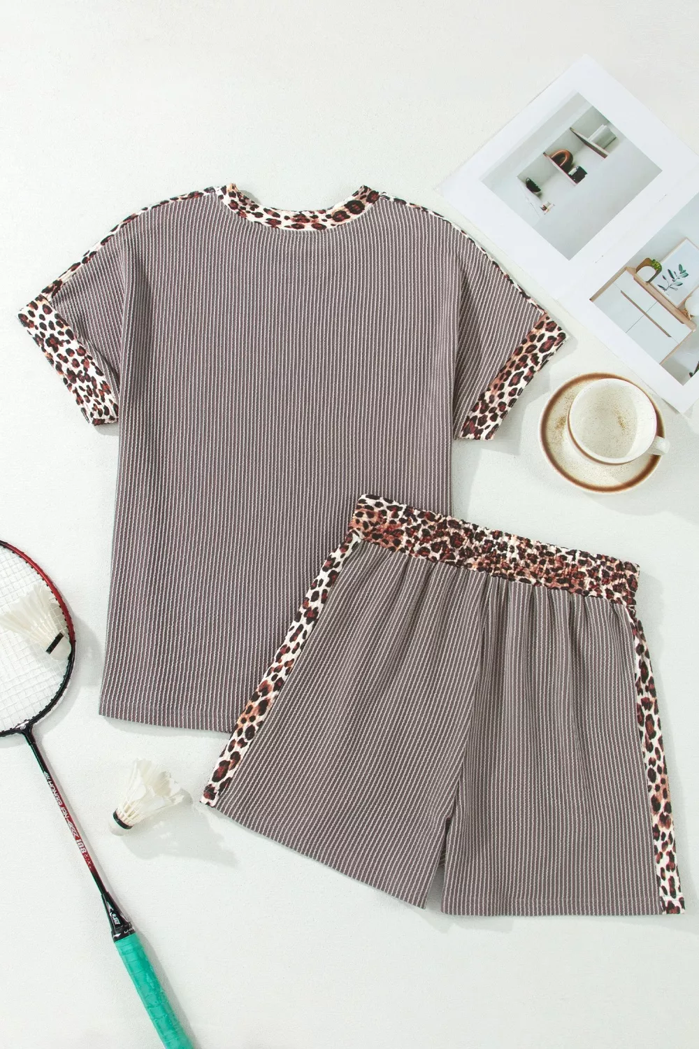 Leopard Trim Ribbed Knit Tee and Shorts Set, image 4