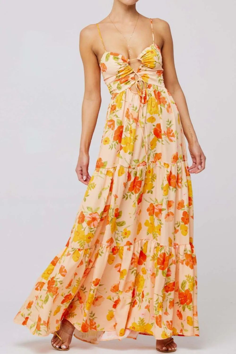 Floral Print Tie Front Tiered Maxi Dress