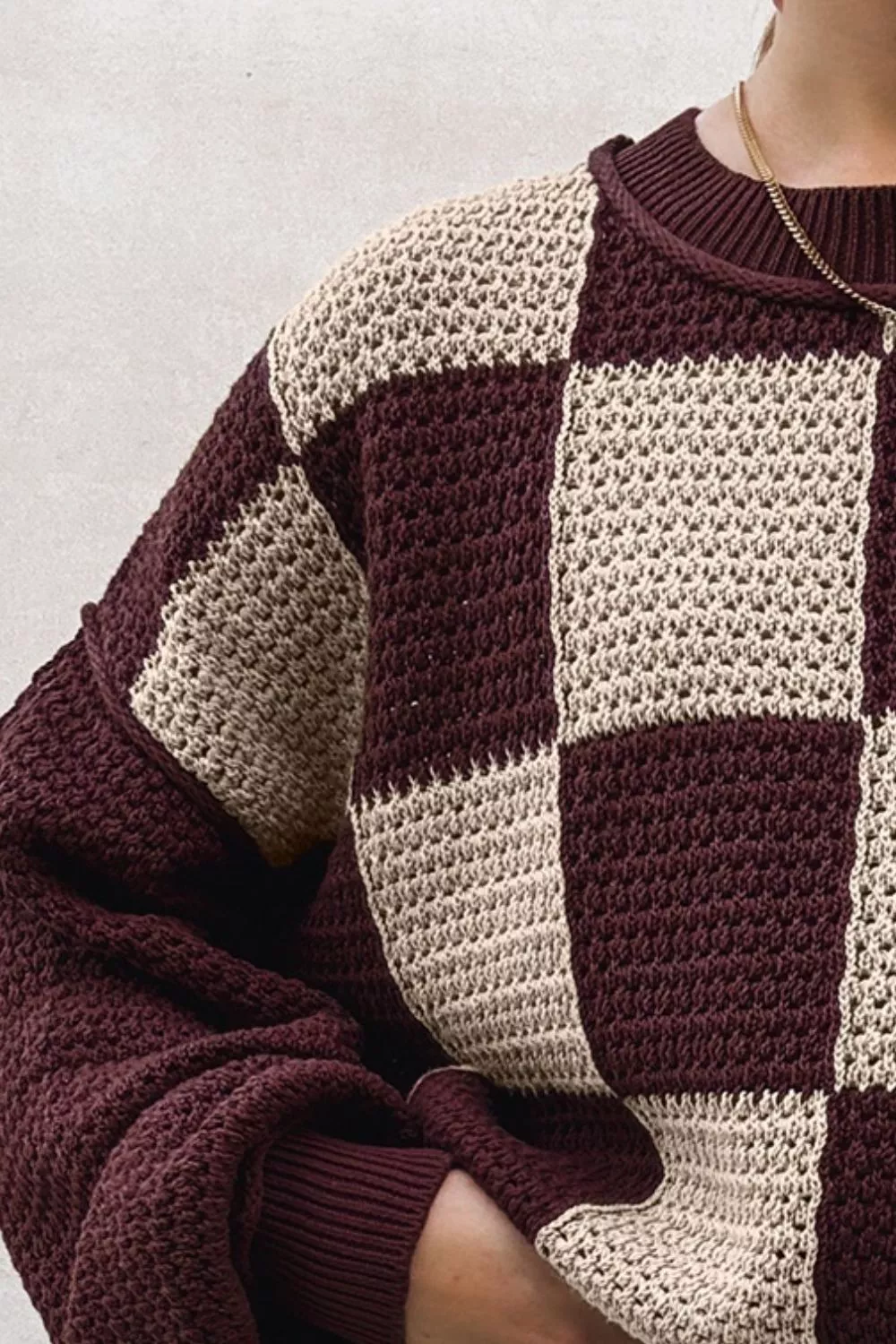 Checkerboard Dropped Shoulder Sweater, image 3