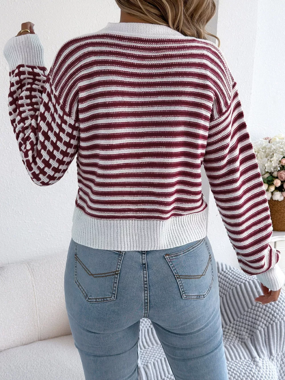 Striped Button-Up Cropped Cardigan, image 3