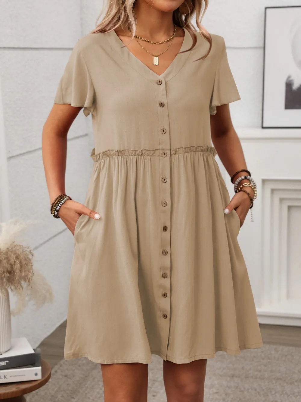 Button Front Flutter Sleeve Dress, image 14