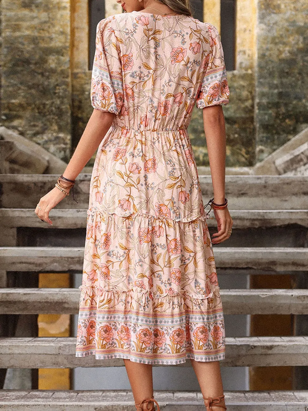Printed Surplice Tiered Midi Dress, image 2