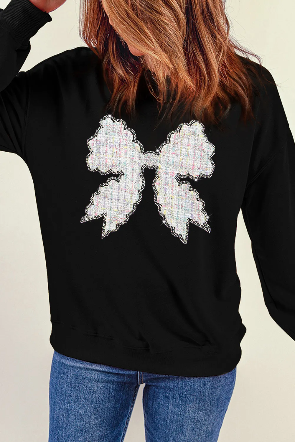 Contrast Bow Round Neck Long Sleeve Sweatshirt, image 2