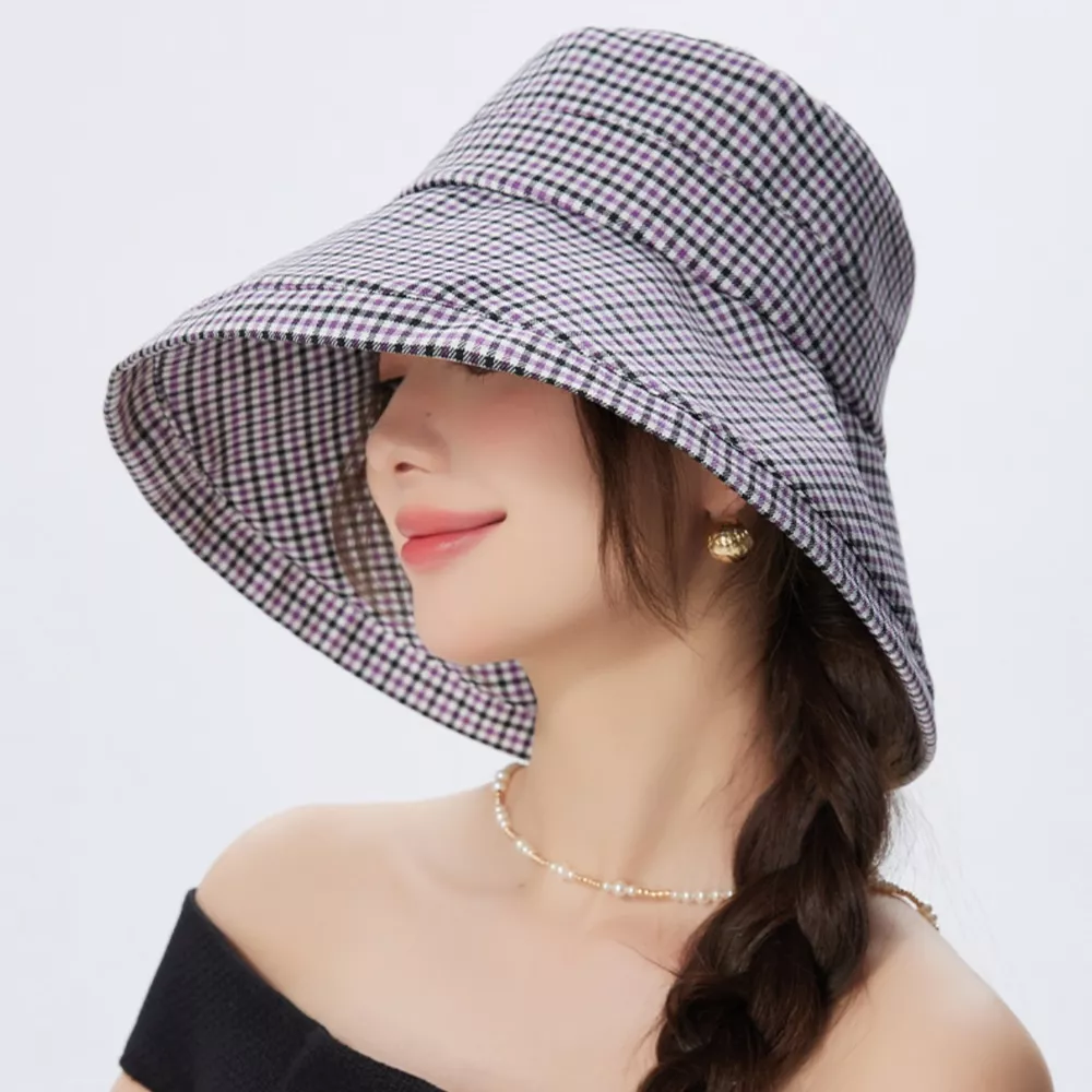 Gingham Pattern Wide Brim Bucket Hat, image 4