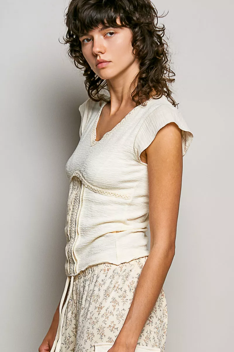 V-Neck Lightweight Textured Short Sleeve Knit Top with Lace Trim, image 6