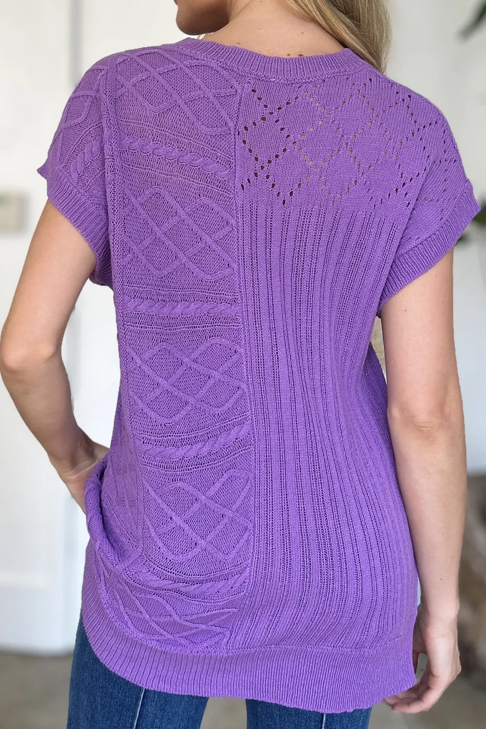 Full Size Cable-Knit Round Neck Cap Sleeve Sweater, image 16