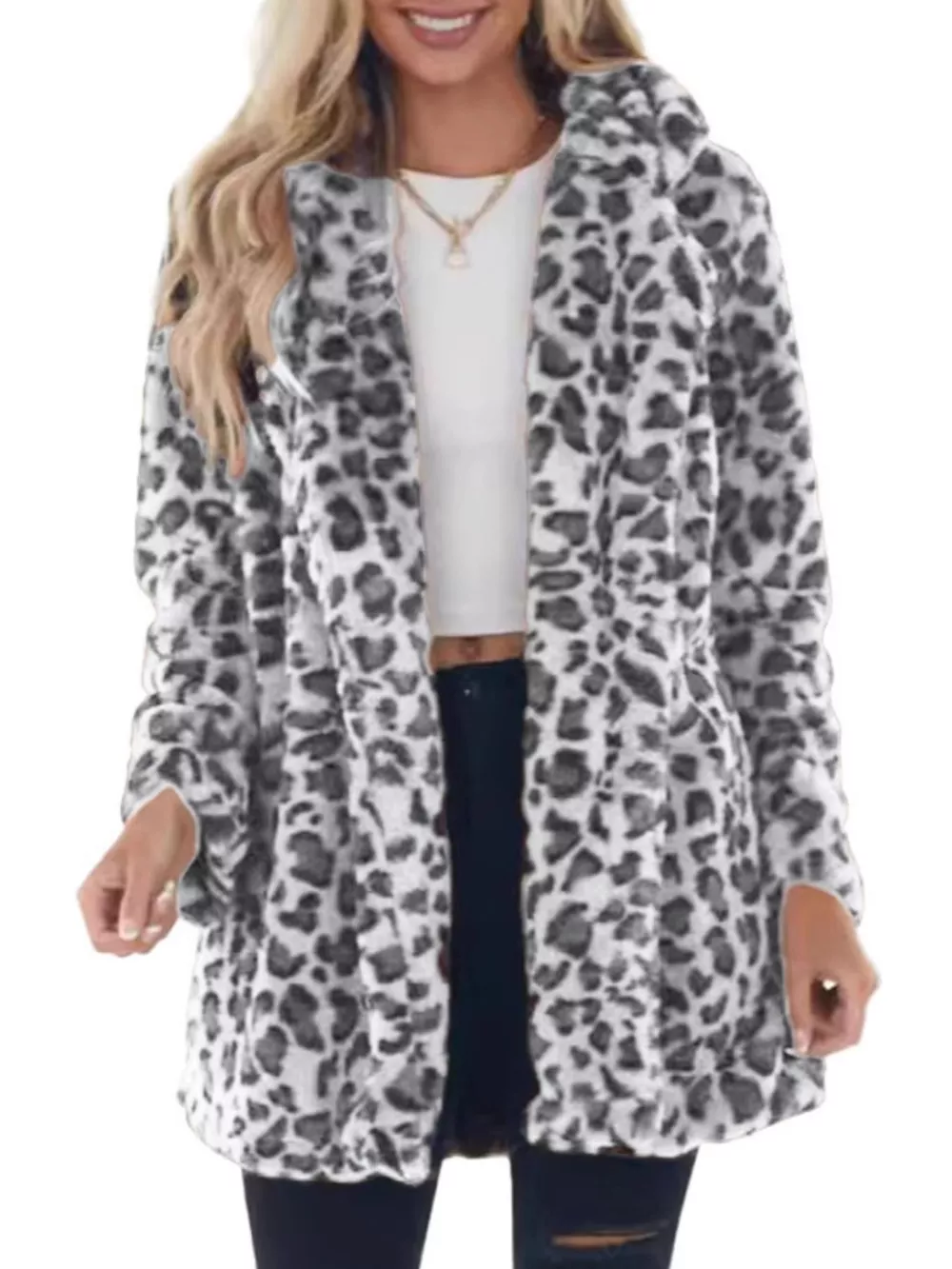 Full Size Leopard Faux Fur Open Front Outerwear Plus Size, image 7