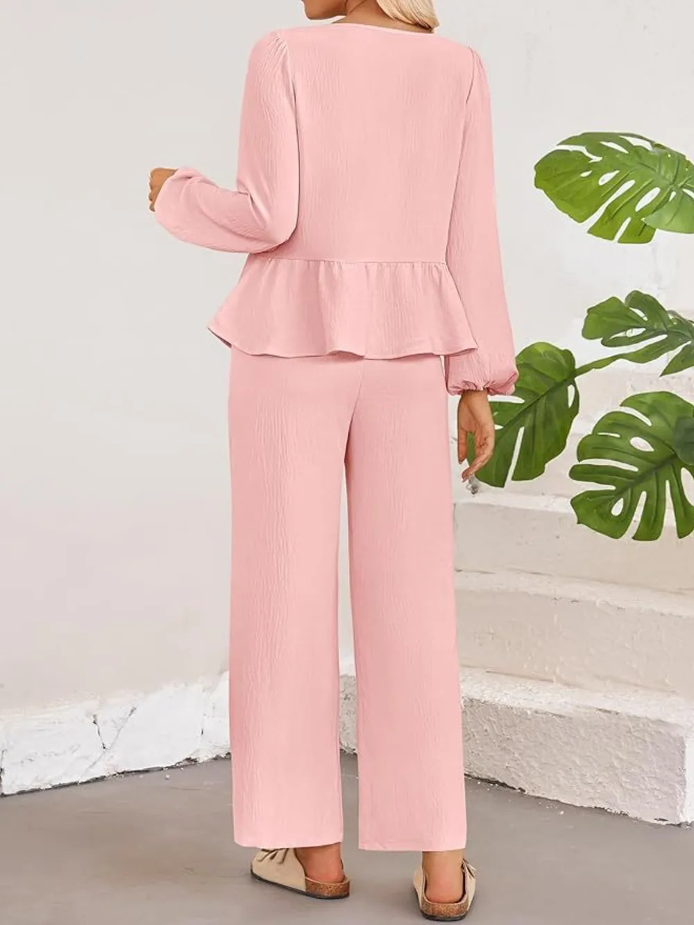 Tie Neck Balloon Sleeve Top and Pants Set, image 9
