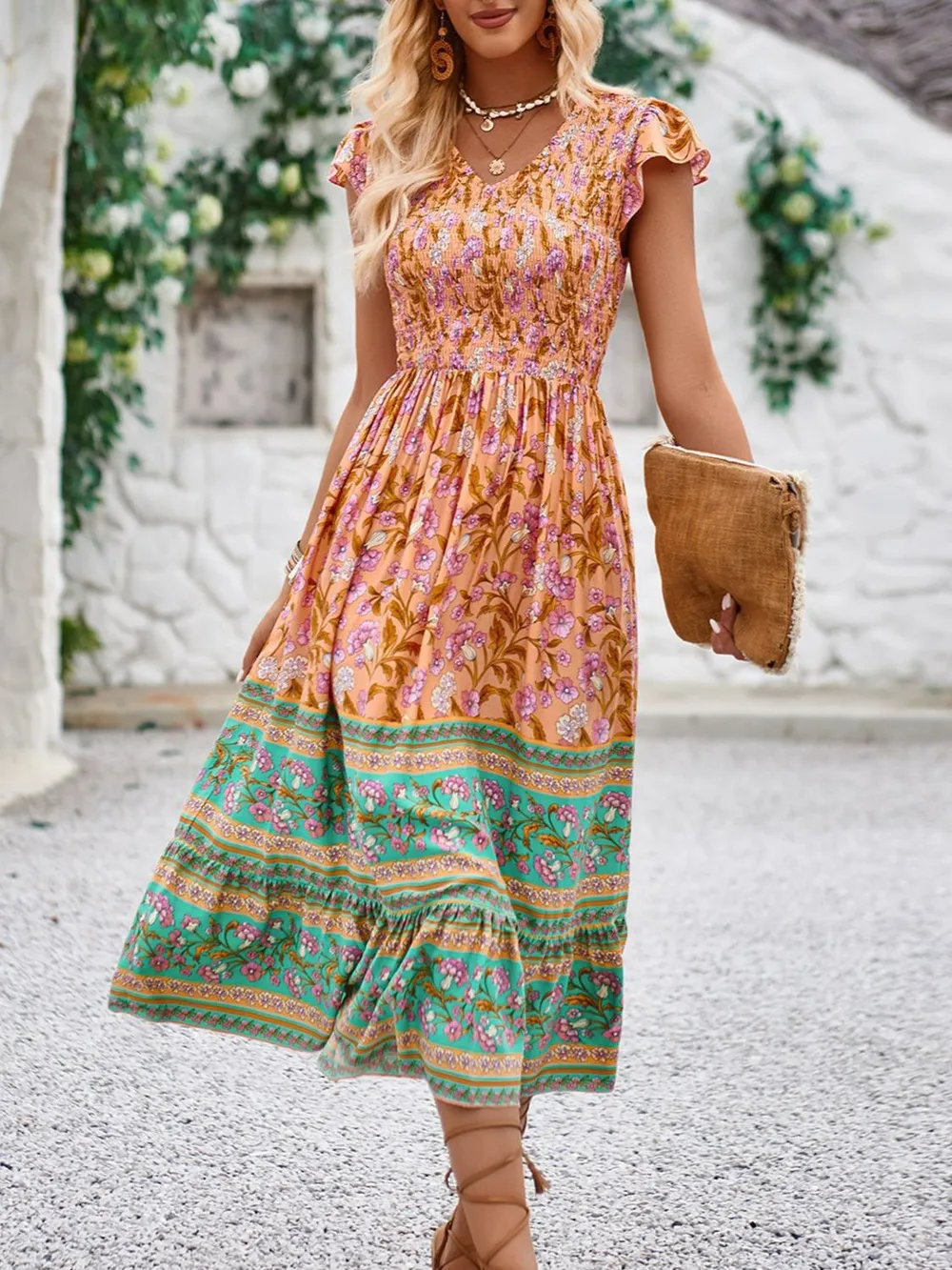 Printed Round Neck Cap Sleeve Dress, image 7