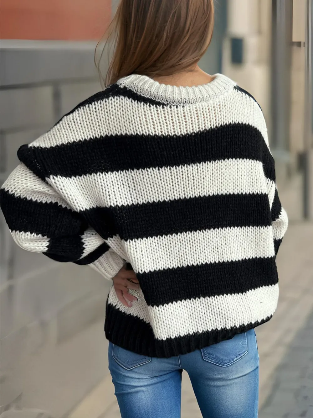 Contrast Striped Round Neck Long Sleeve Sweater, image 8