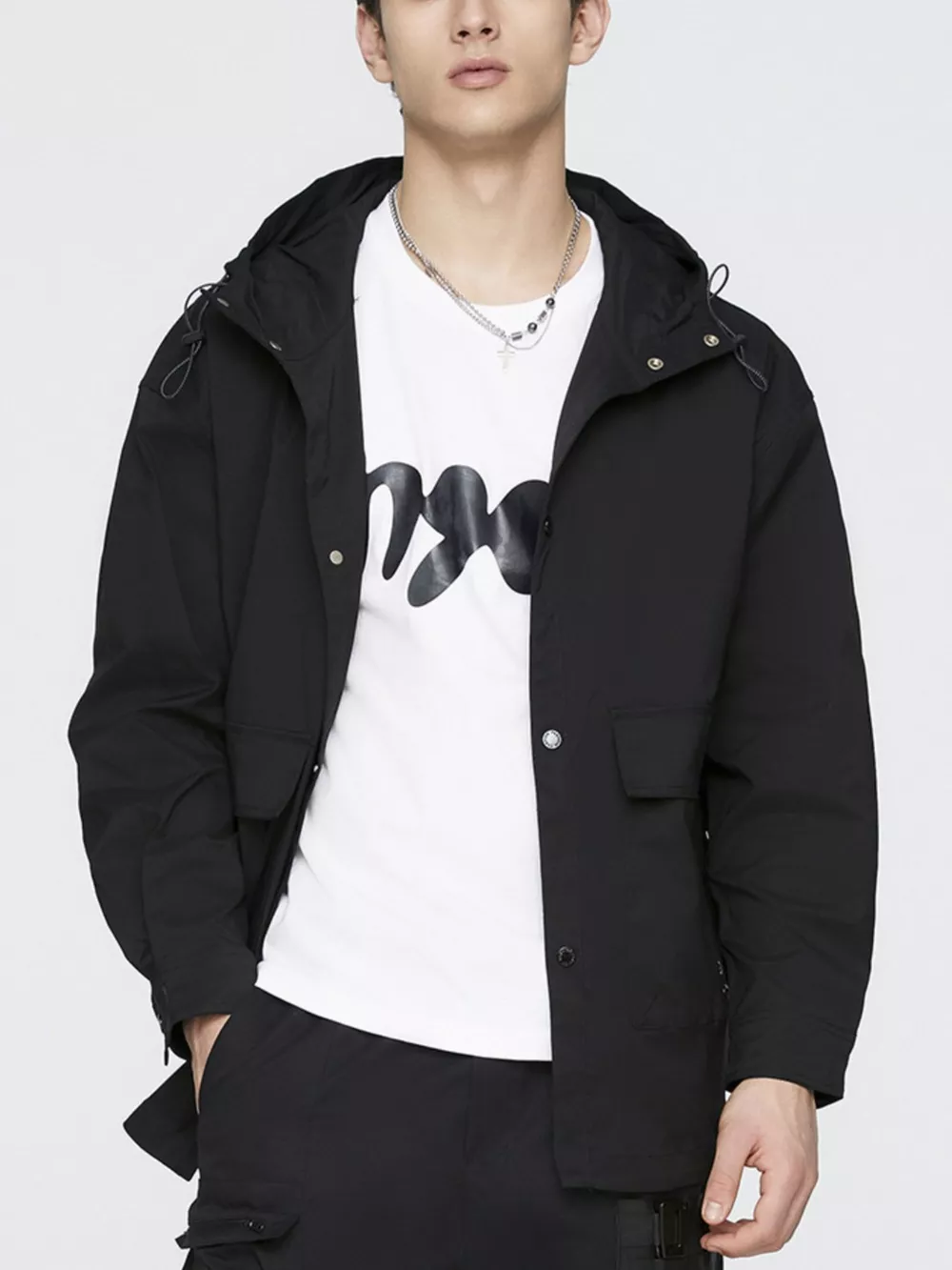 Men's Plus Size Urban Style Hooded Snap Down Jacket, image 2