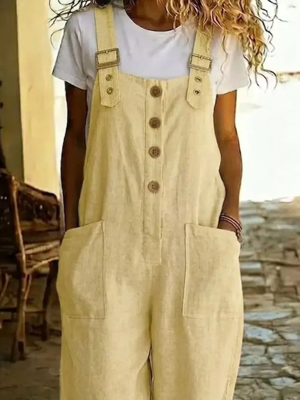 Casual Button Front Wide Leg Overalls, image 5