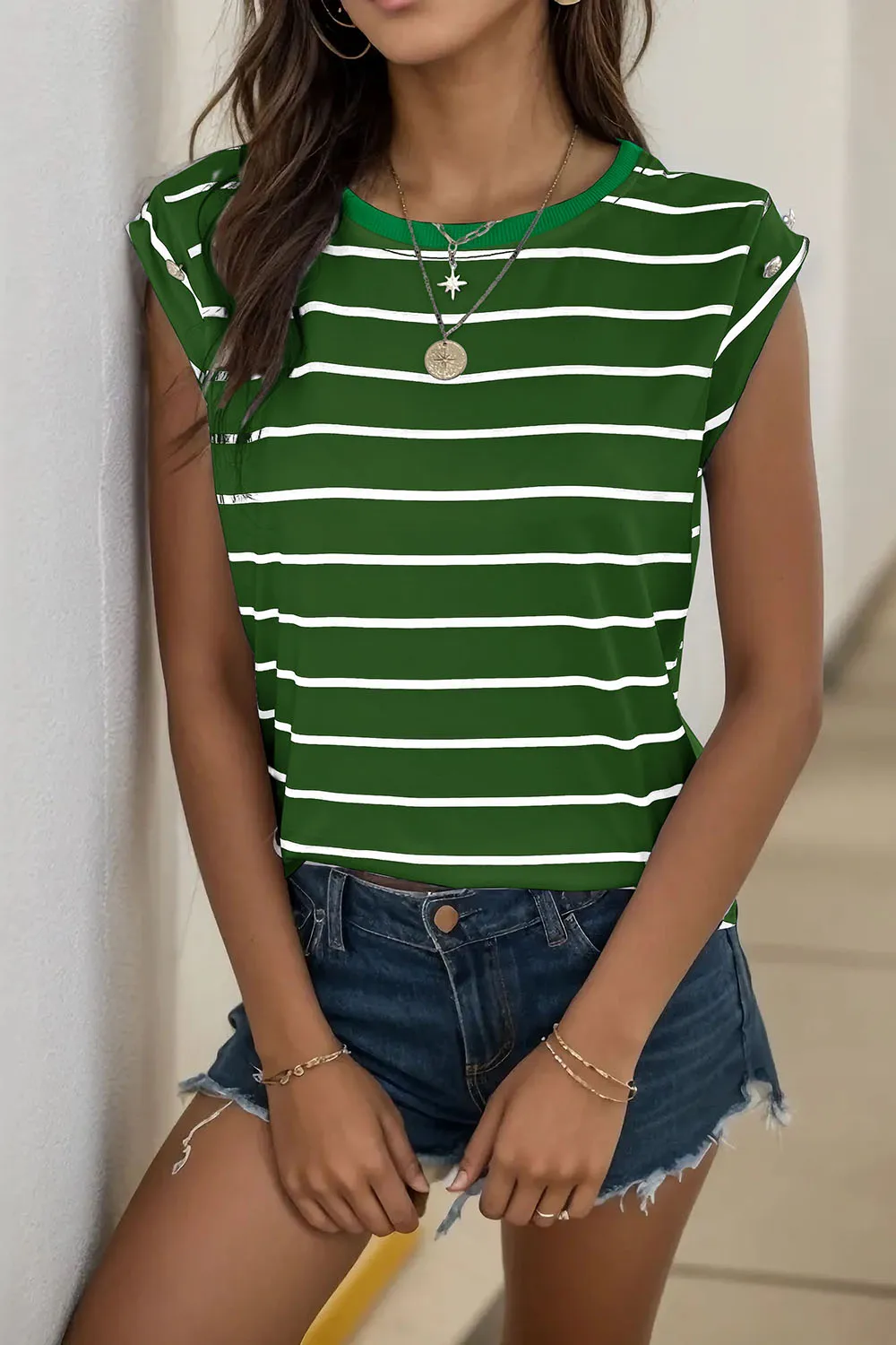 Decorative Button Round Neck T-Shirt, image 13
