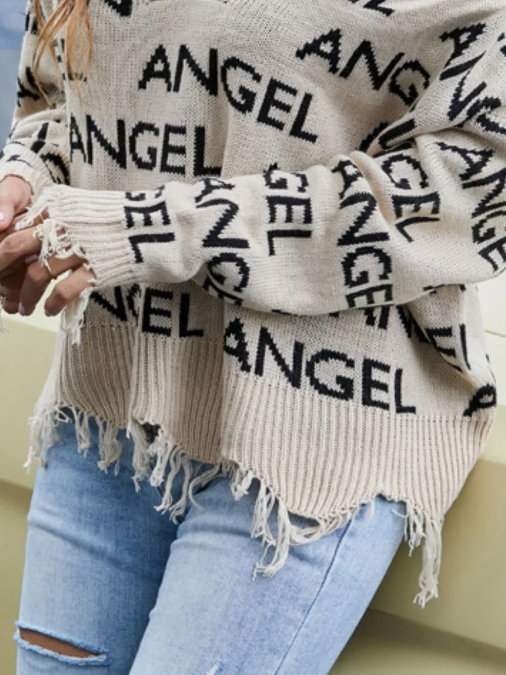 Frayed Hem Long Sleeve Sweater, image 7