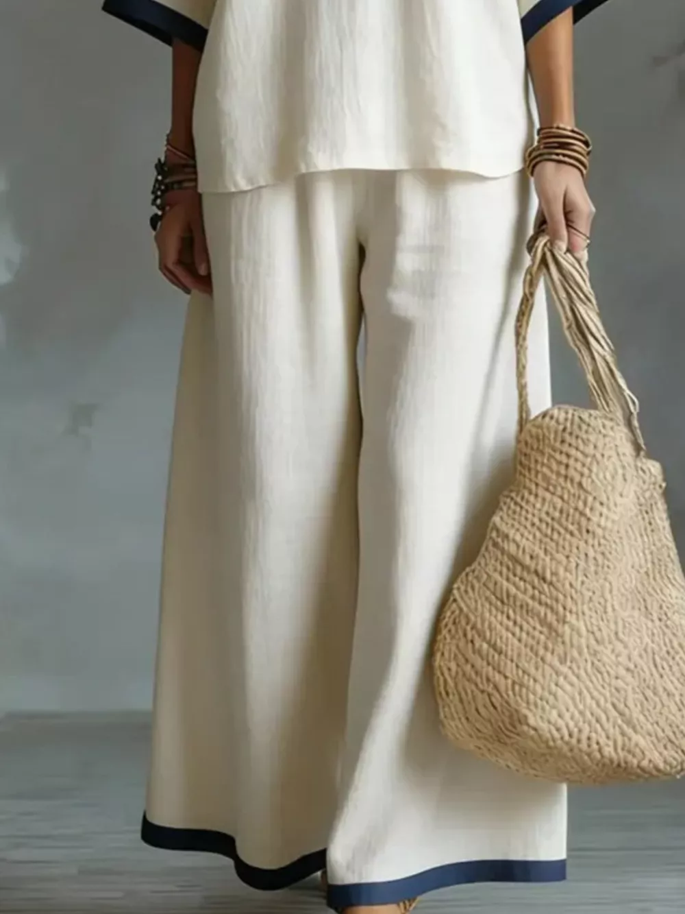 Full Size Contrast Trim V-Neck Top and Pants Set Plus Size, image 4