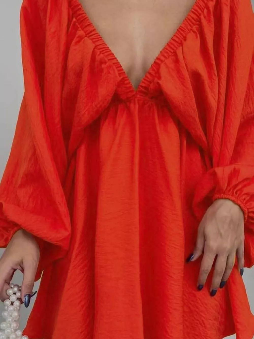 Deep V-Neck Balloon Sleeve Dress, image 9