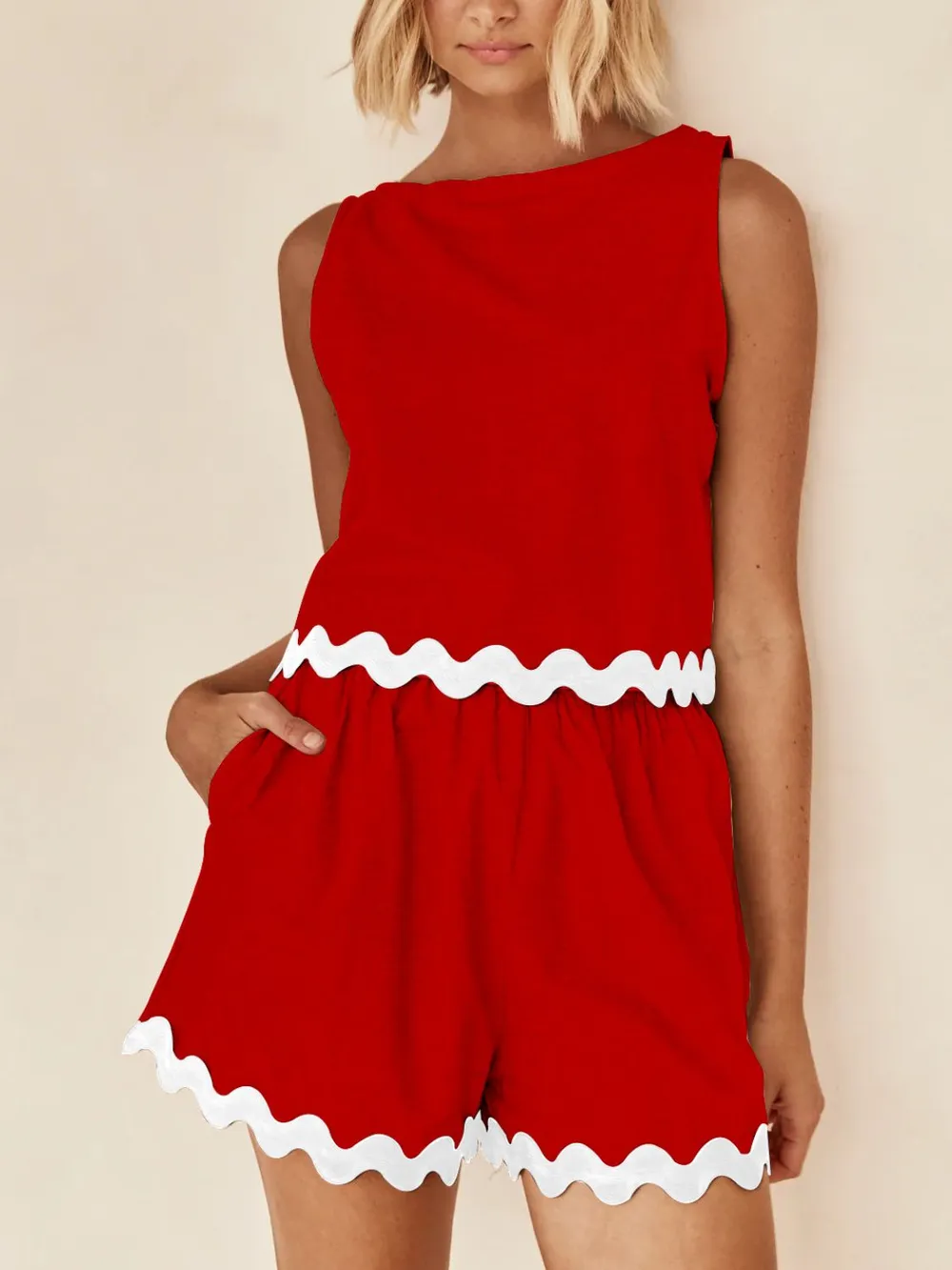 Contrast Trim Round Neck Tank and Shorts Set, image 7