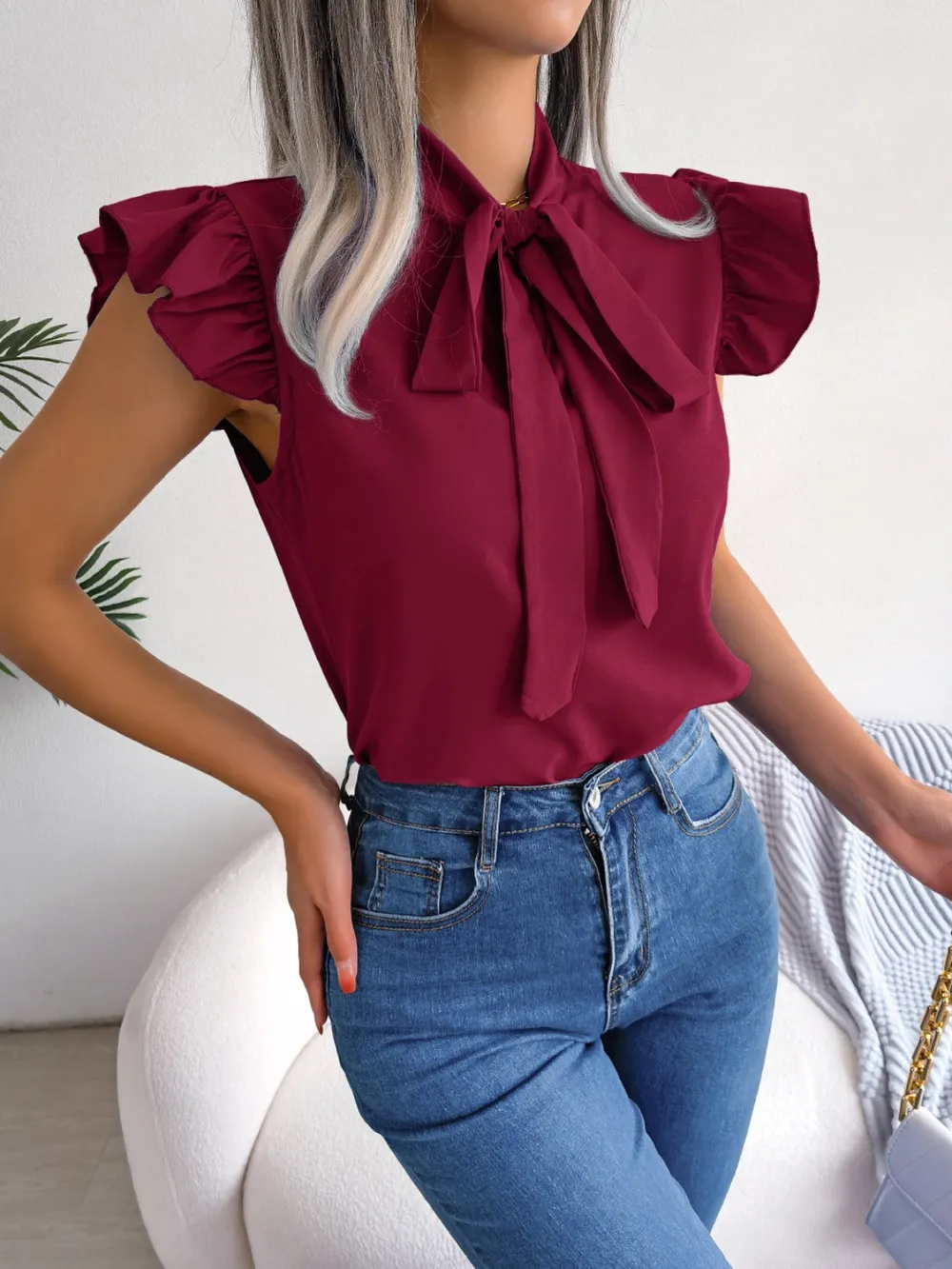 Tie Neck Cap Sleeve Blouse, image 15