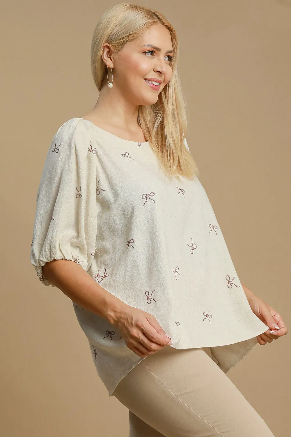 Full Size Linen Blend Ribbon Embroidered Top Plus Size, image 5