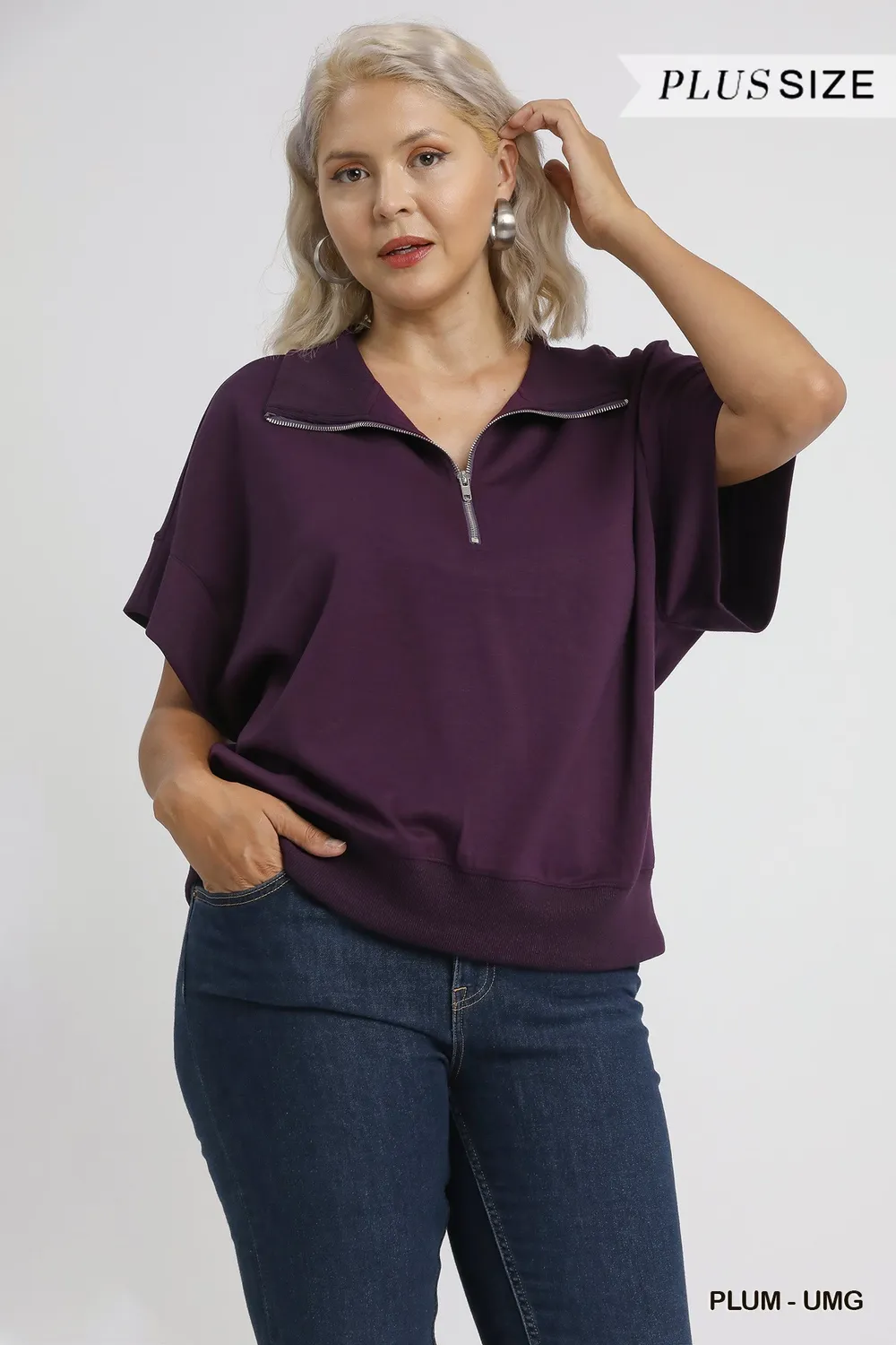 Full Size Half-Zip Short Sleeve Top Plus Size, image 4