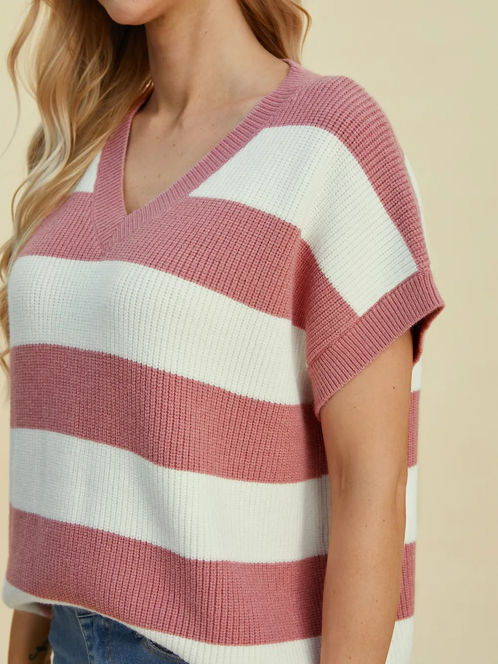Full Size Striped V-Neck Short Sleeve Sweater, image 11