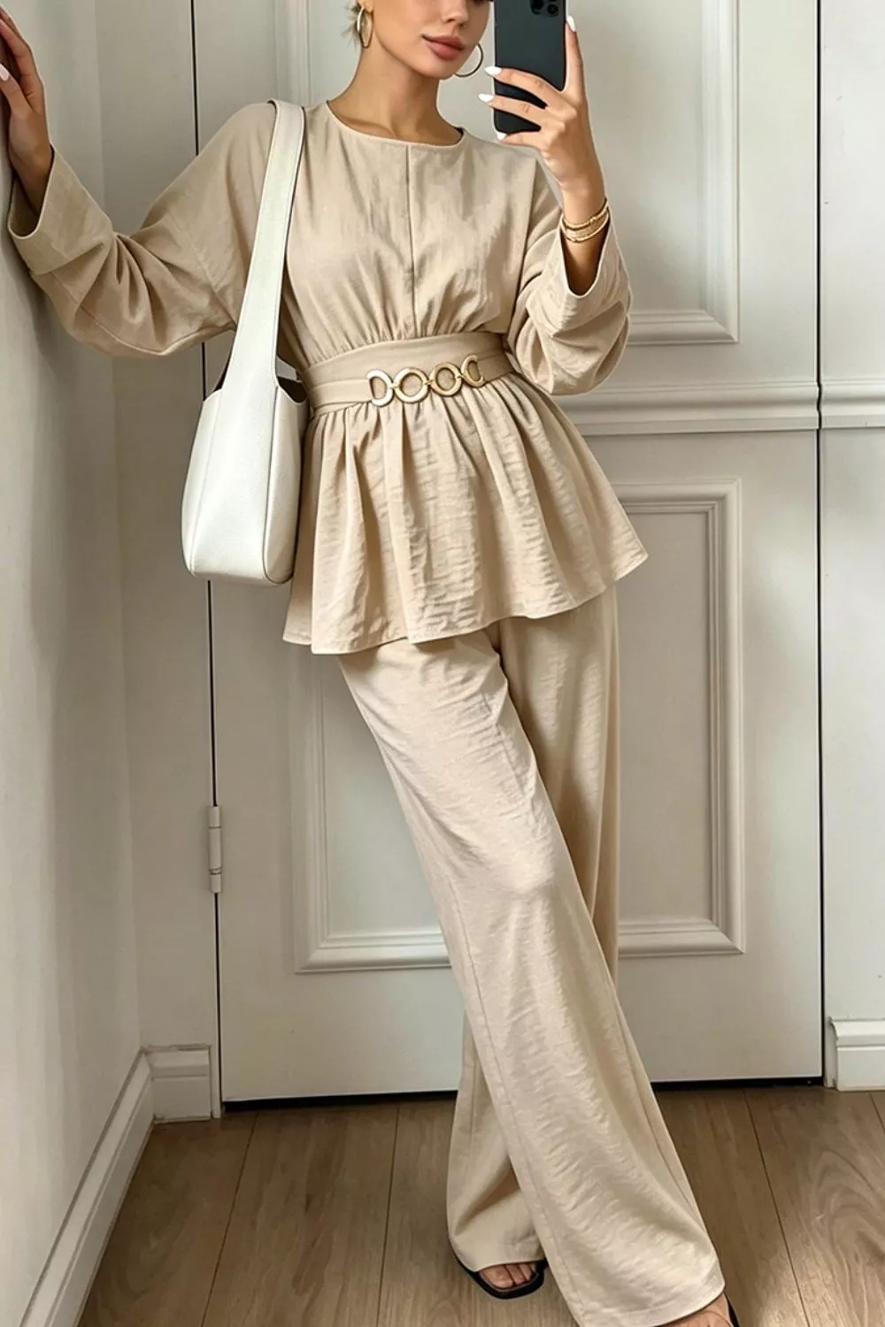 Metal Chain Waist Detail Top and Pants Set, image 5