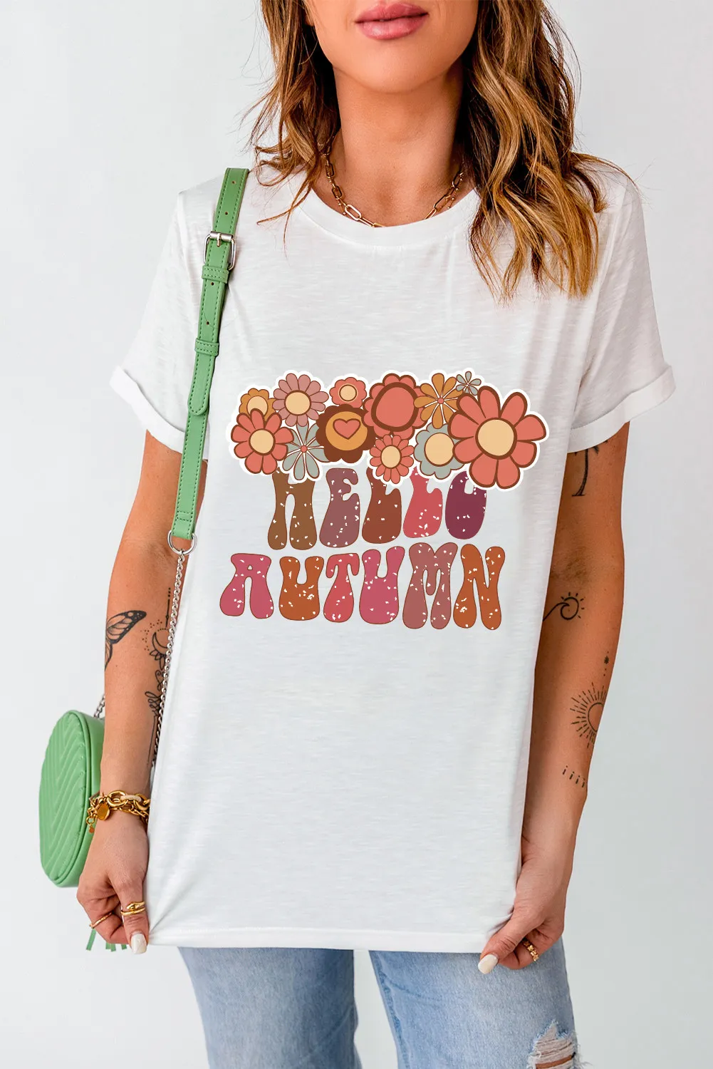 Flower & Letter Graphic Round Neck Short Sleeve T-Shirt, image 3