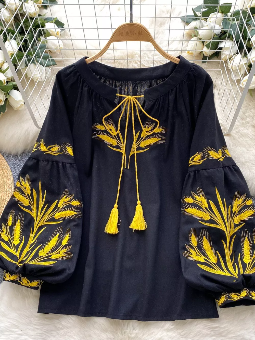 Embroidered Wheat Pattern Tie Neck Blouse, image 4