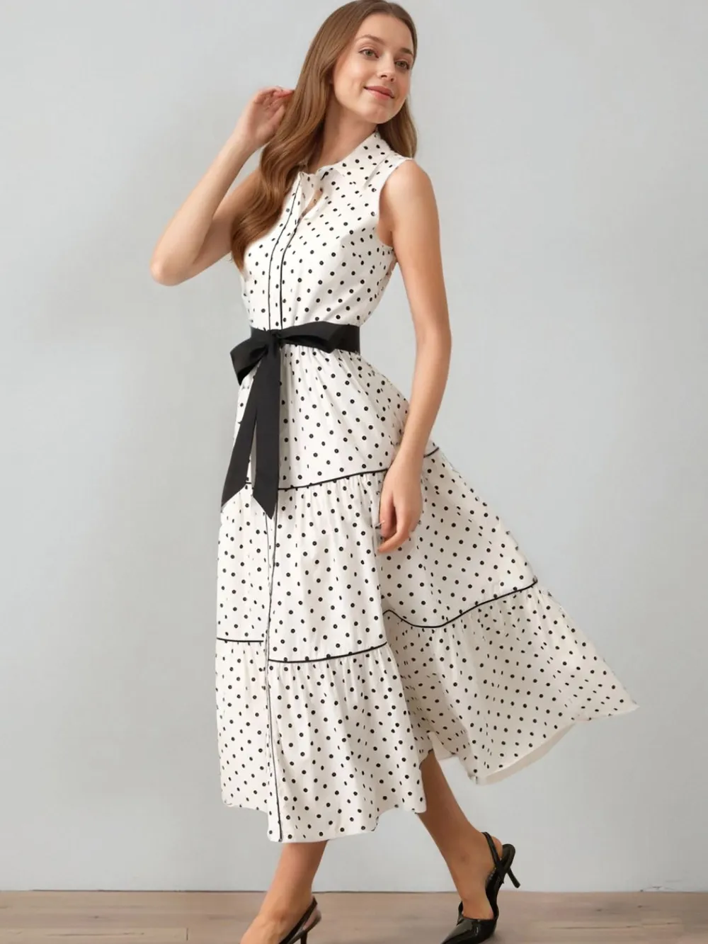 Polka Dot Sleeveless Midi Shirt Dress, image 5