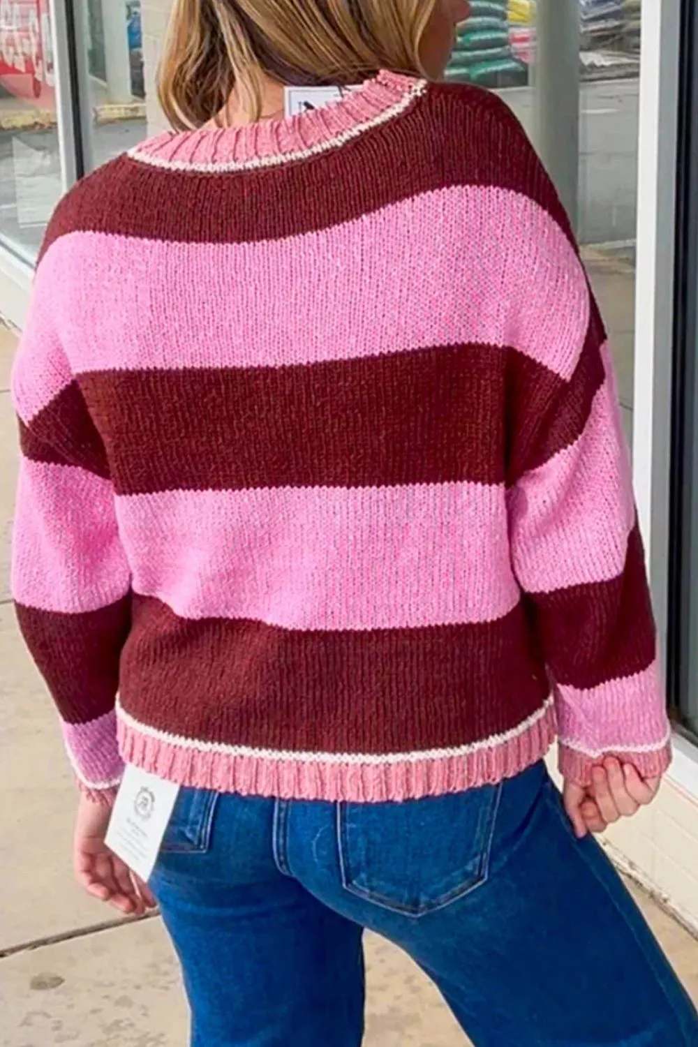 Striped Drop Shoulder Long Sleeve Pullover Regular Fit Knit Sweater, image 4