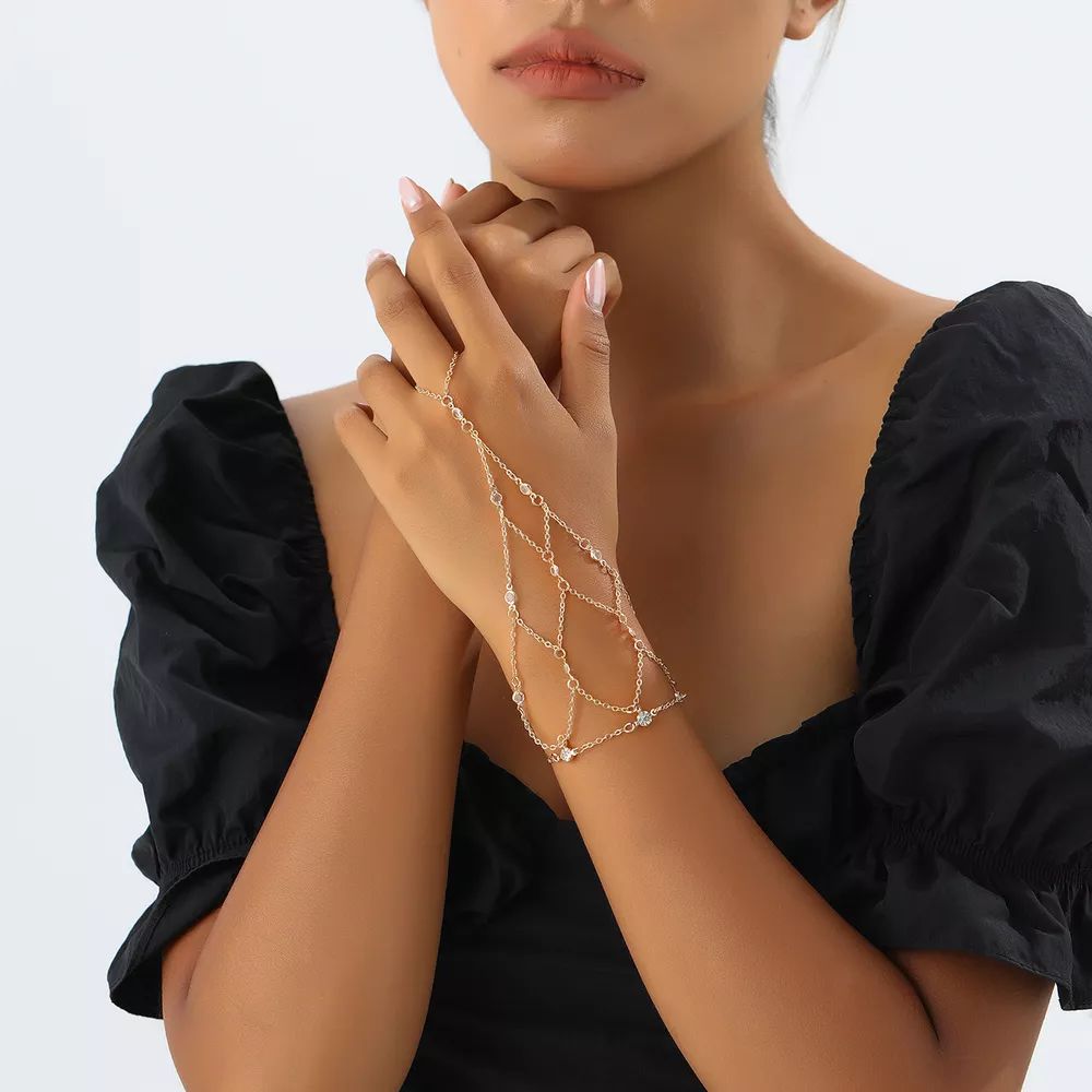 Elegant Gold Chain Hand Bracelet with Rhinestone Accents, image 7