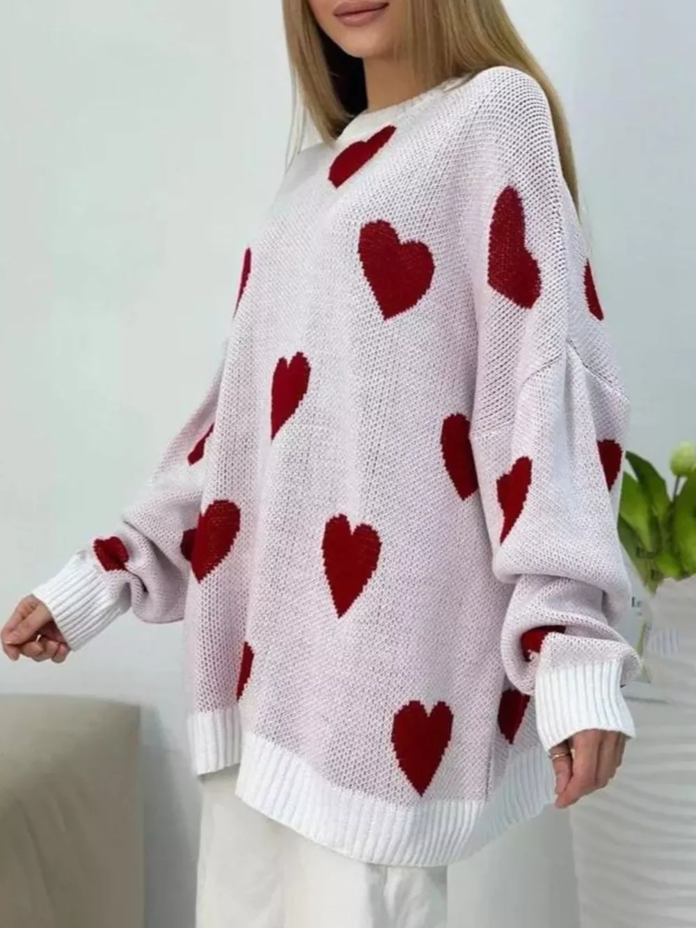 Heart Round Neck Oversized Knit Sweater, image 9