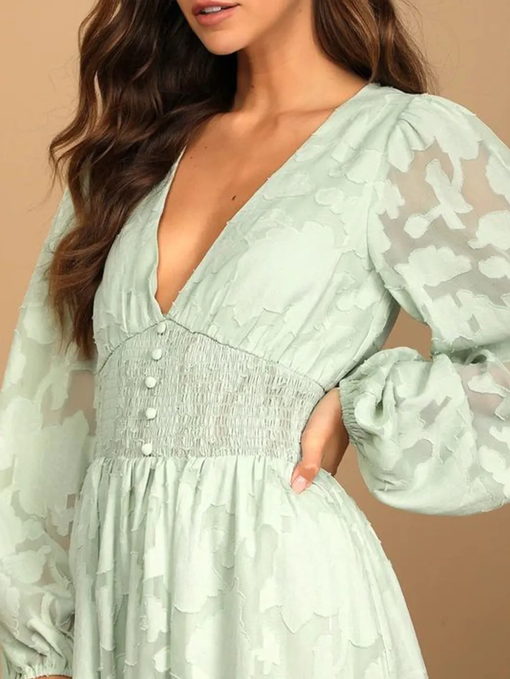 Smocked V-Neck Balloon Sleeve Dress, image 2