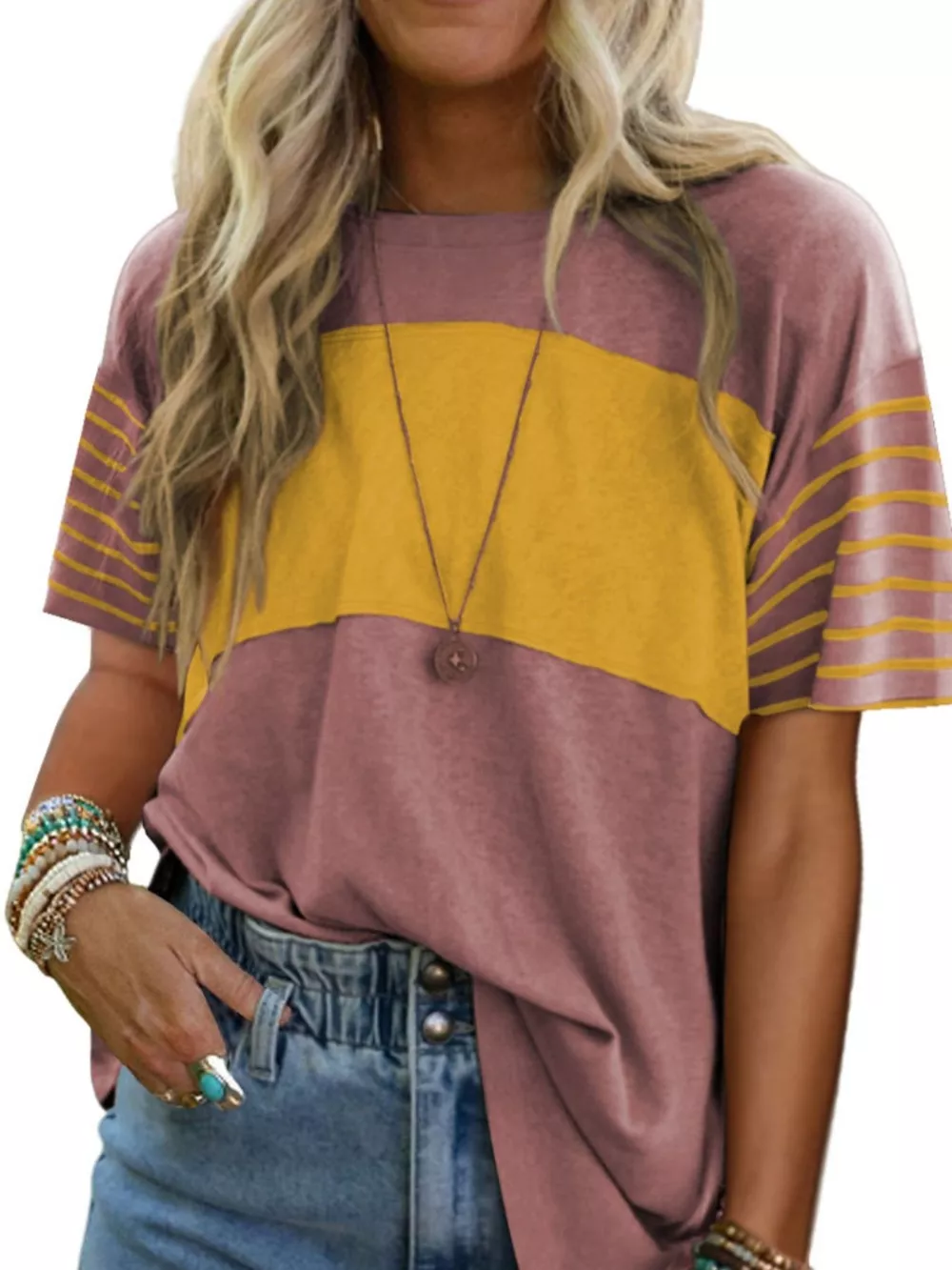 Color Block Striped Detail Loose T Shirt, image 2