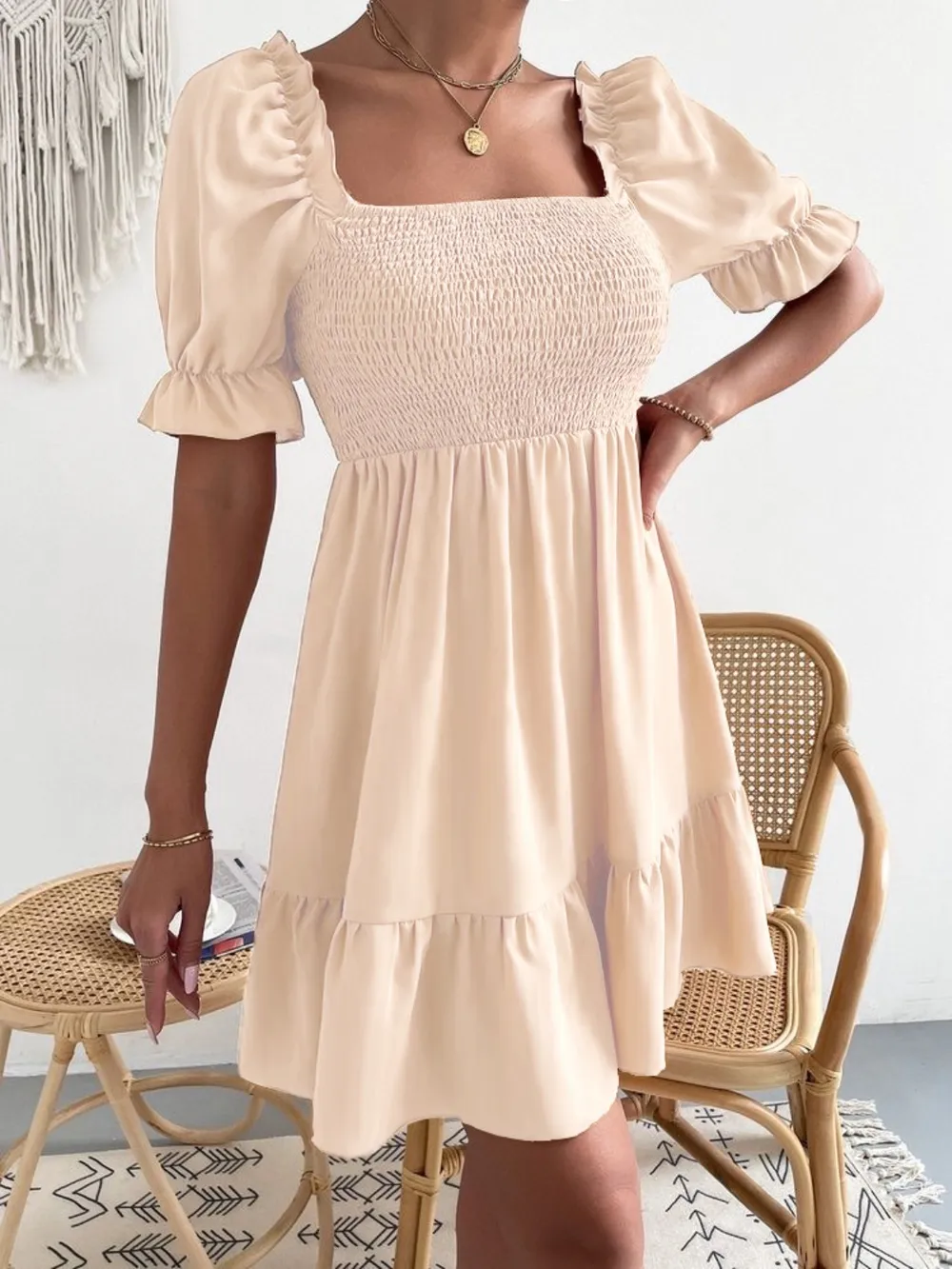 Smocked Square Neck Short Sleeve Dress, image 6