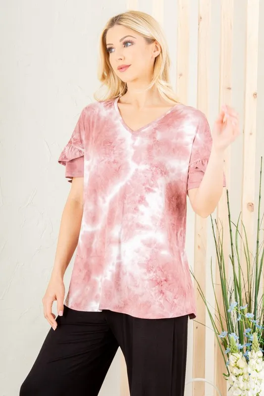 Full Size Ruffled Sleeve Tie Dye Top Plus Size, image 6