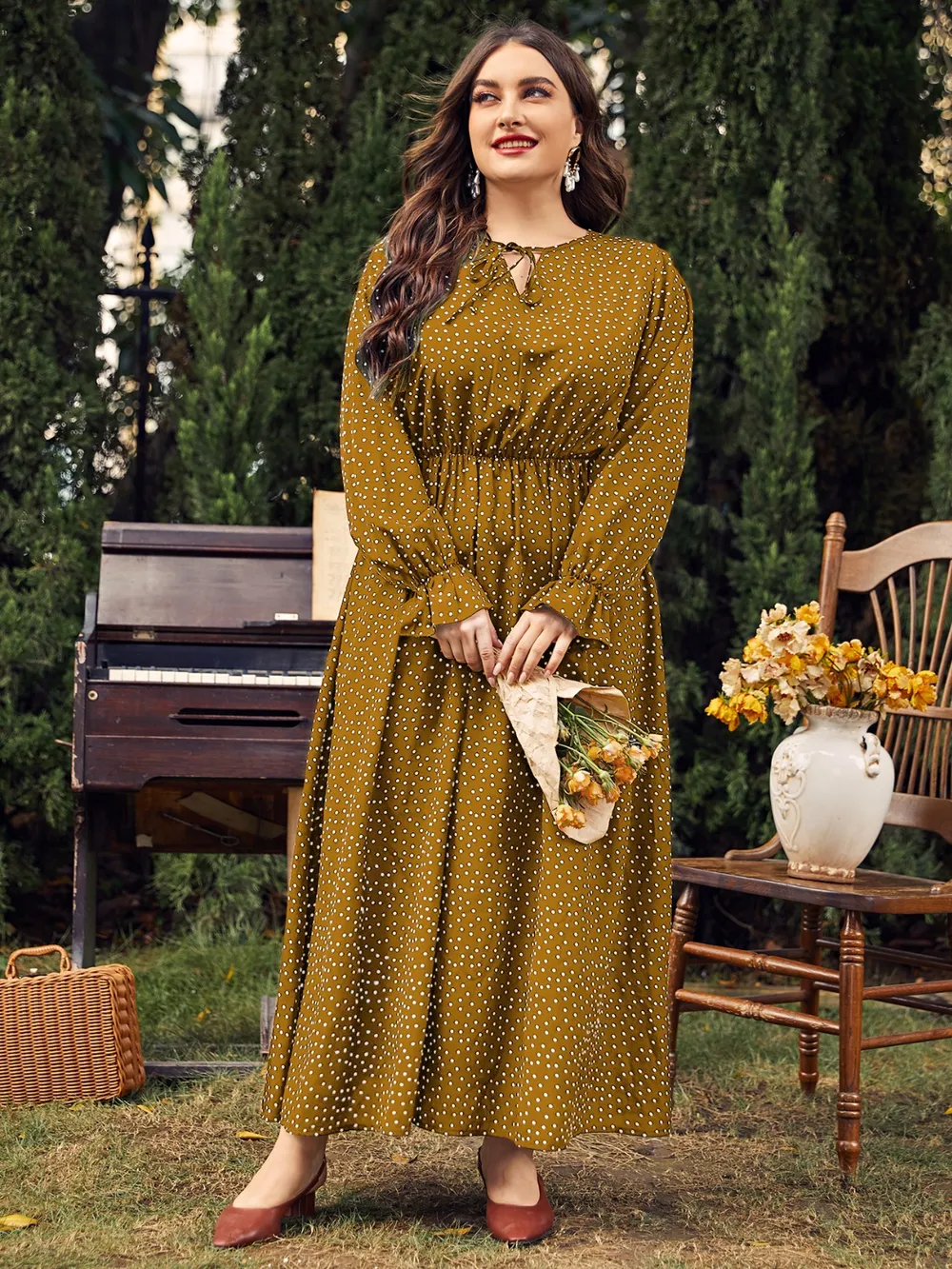 Plus Size Ruffled Polka Dot Long Sleeve Midi Dress, image 5