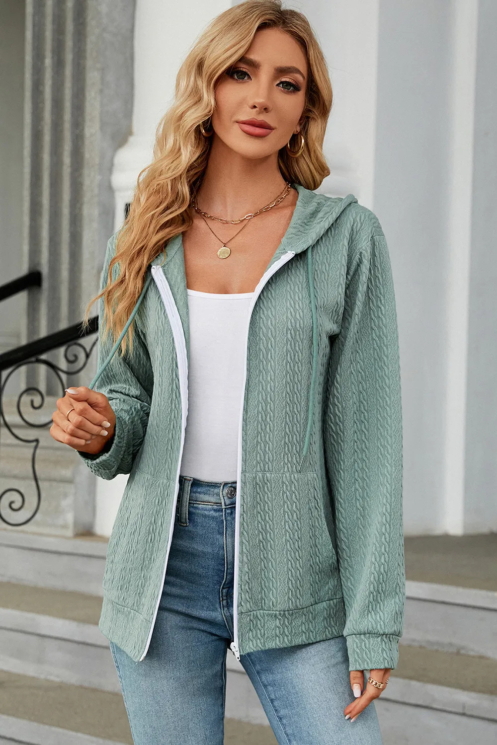 Drawstring Zip Up Long Sleeve Hoodie, image 19